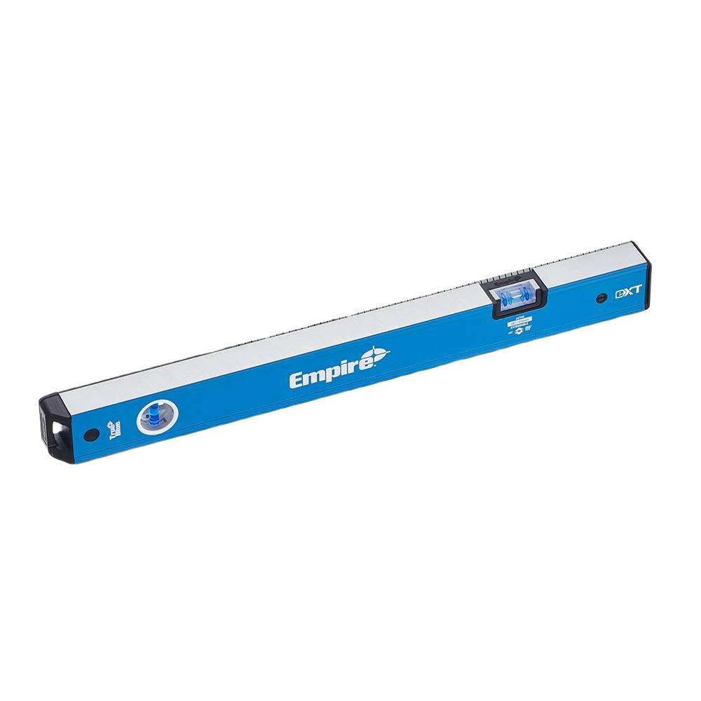 Blue and silver extendable box level for precise measurements in woodworking and home improvement hand tools collections