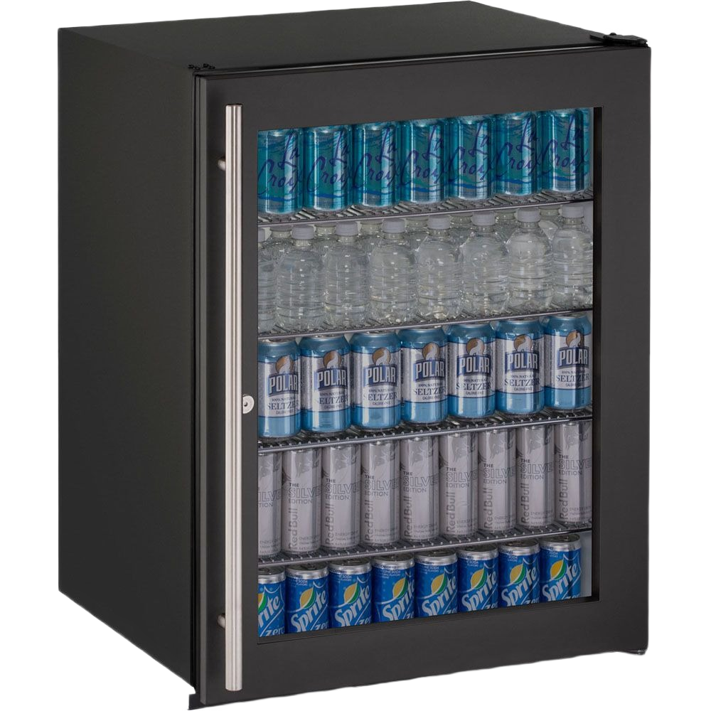 compact black glass door refrigerator with reversible lockable door stocked with beverages for kitchen use