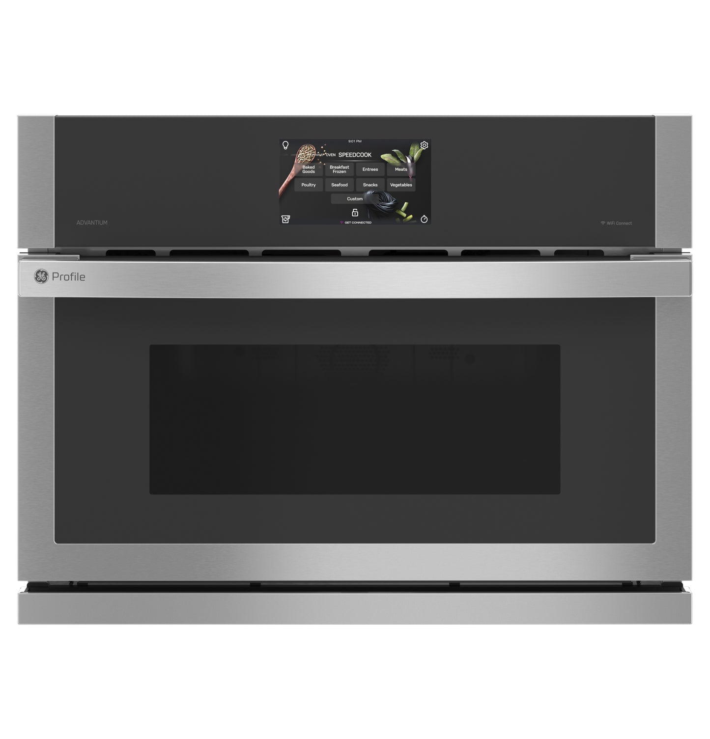 Stainless steel single wall oven with digital touchscreen and 120V Advantium® technology from modern kitchen appliances