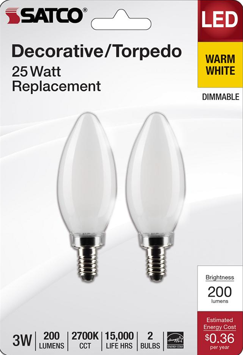 Pair of dimmable LED torpedo bulbs with warm white light, 200 lumens, and energy-efficient 3 watt power for home lighting.