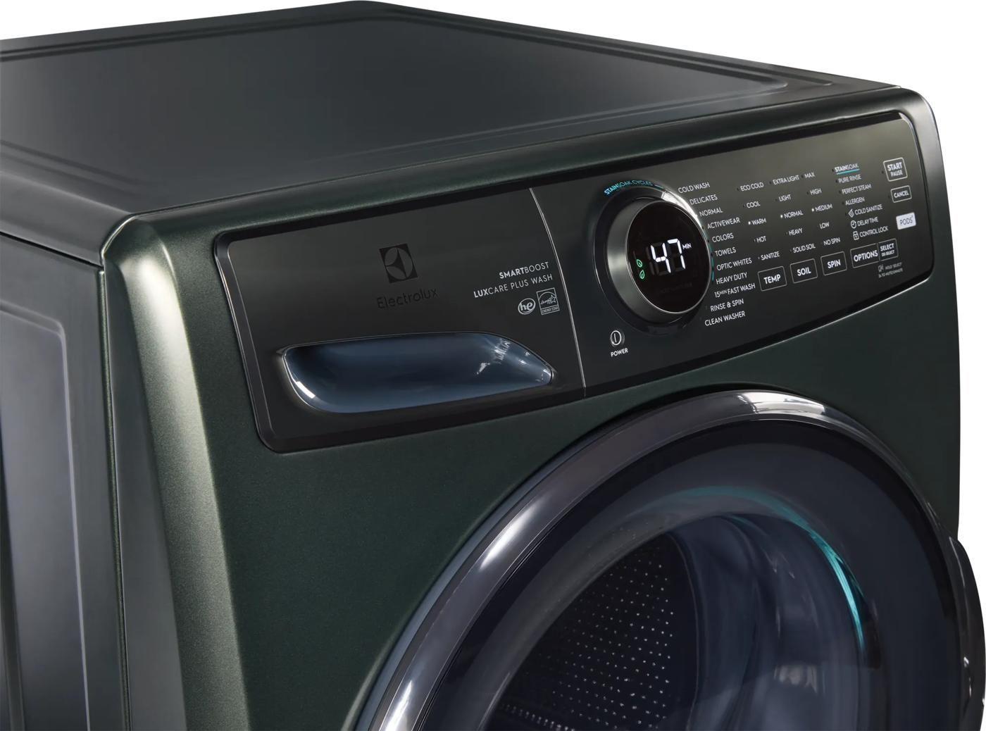 Dark green front load washer with digital control dial and multiple wash setting options from washers collection