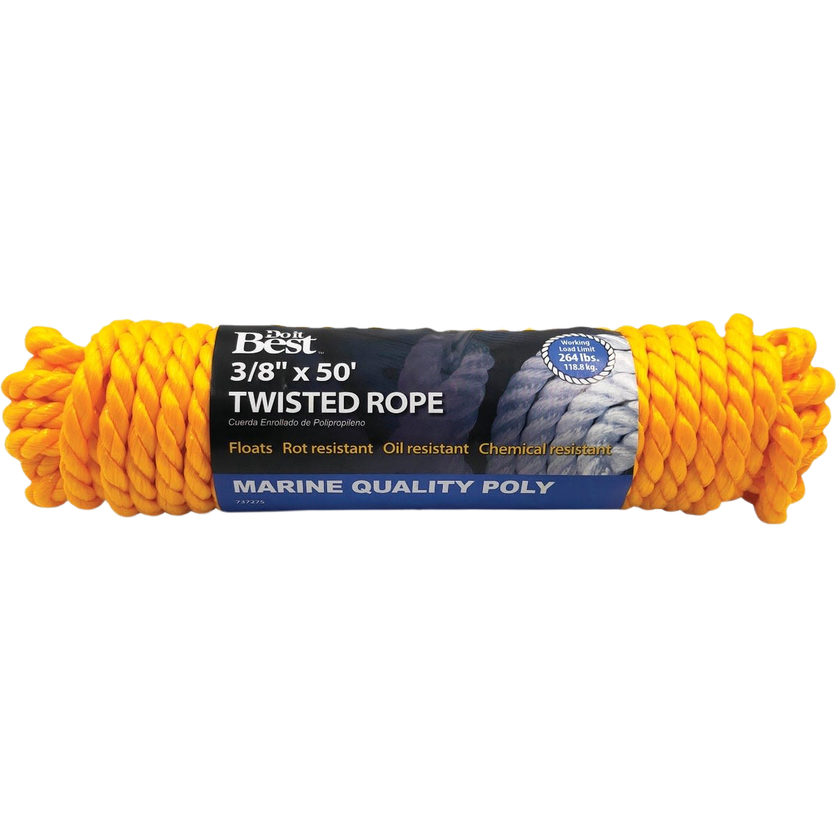 Yellow twisted polypropylene rope packaged for marine and home improvement use with chemical and rot resistance
