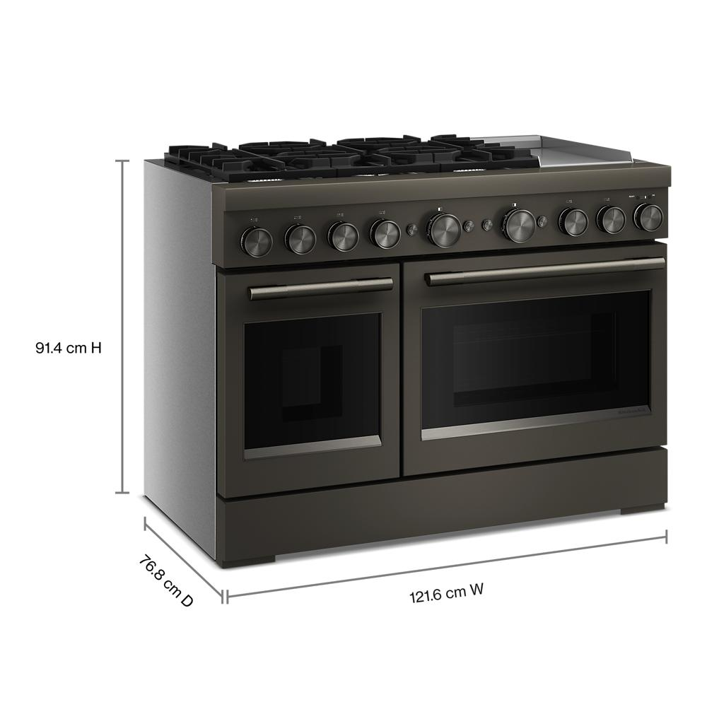 Black stainless steel dual fuel range with six burners, electric griddle, and dual ovens in kitchenware collection