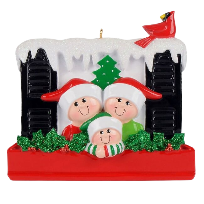 Personalized family of three in festive hats framed by snowy window with holly and cardinal in Christmas Ornaments & Tree Decorations collection