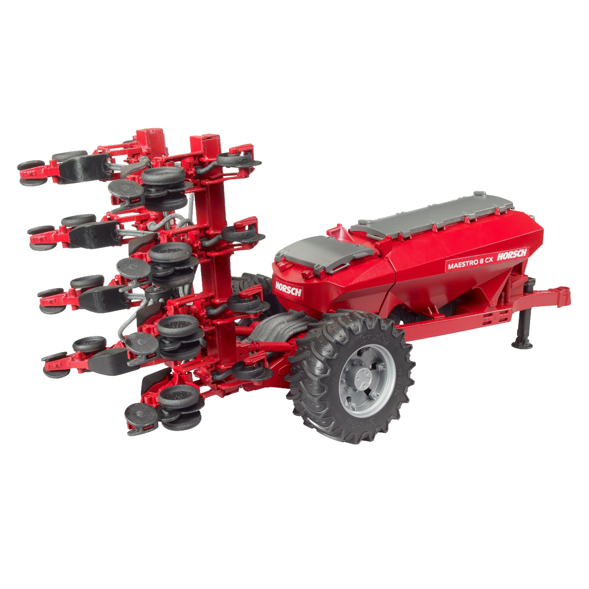 Red and black toy farming seeder with large tires and detailed planting discs from Bruder Toys collection
