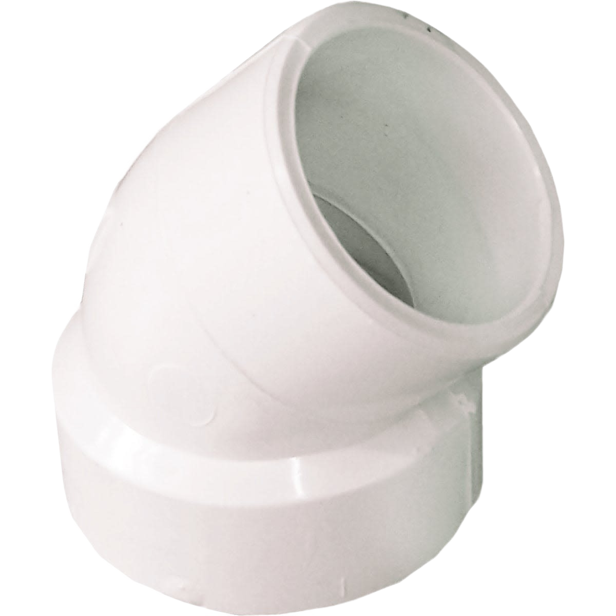 White PVC pipe elbow fitting angled at 45 degrees for plumbing in Pipes & Fittings and Home Improvement collections