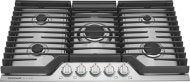 36-inch gas cooktop with five burners, continuous cast iron grates, and stainless steel finish in kitchen appliances collection
