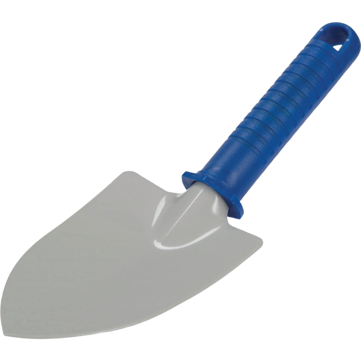 Garden hand trowel with gray coated steel blade and blue textured handle for outdoor gardening and lawn care tasks under $50
