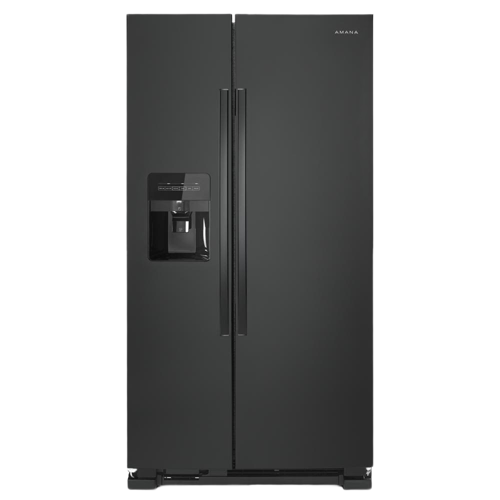 33-inch side-by-side black refrigerator with external ice and water dispenser in kitchen appliances collection