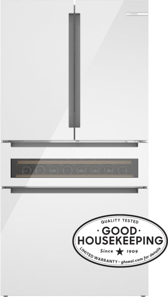 800 Series, French Door Bottom Mount Refrigerator, Glass door, 36'', White, Total No Frost
