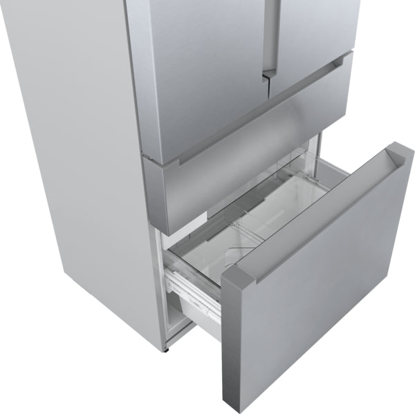 Bottom freezer drawer open on stainless steel French door refrigerator from Bosch appliances collection