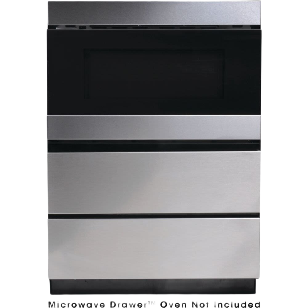 Stainless steel under-counter microwave drawer and matching pedestal for kitchen and appliances collections