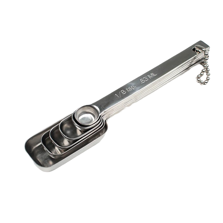 Polished stainless steel set of six rectangular measuring spoons with chain for kitchen gadgets under $50 collections