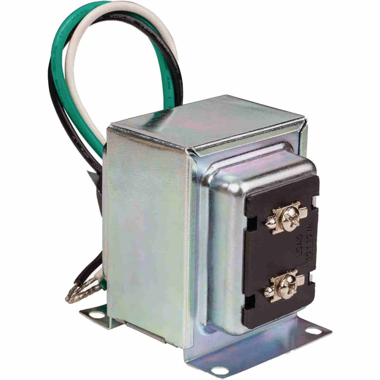 Metal wired doorbell transformer with mounting base and black, white, and green electrical wires for home improvement tools