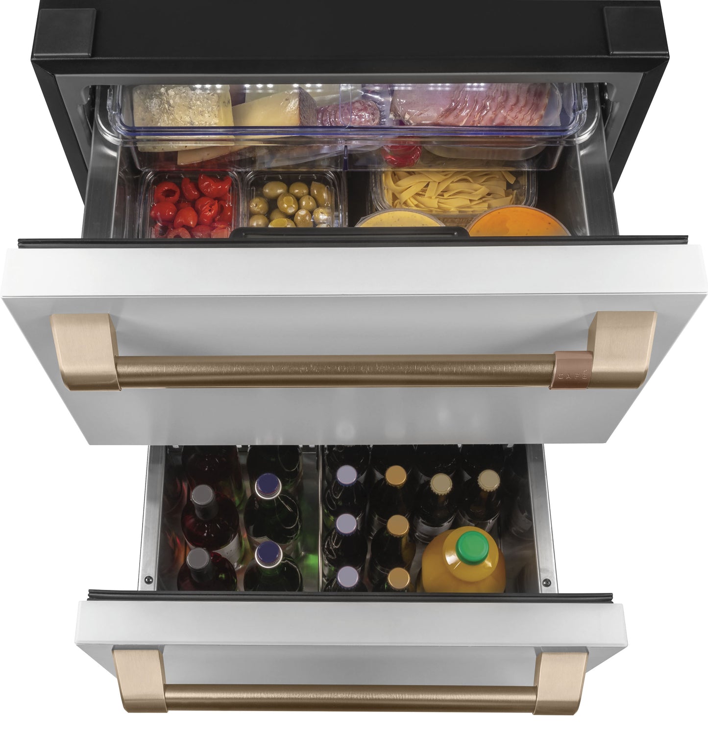 Built-in dual-drawer refrigerator with white front and bronze handles, showing organized food and beverage storage in kitchen appliances