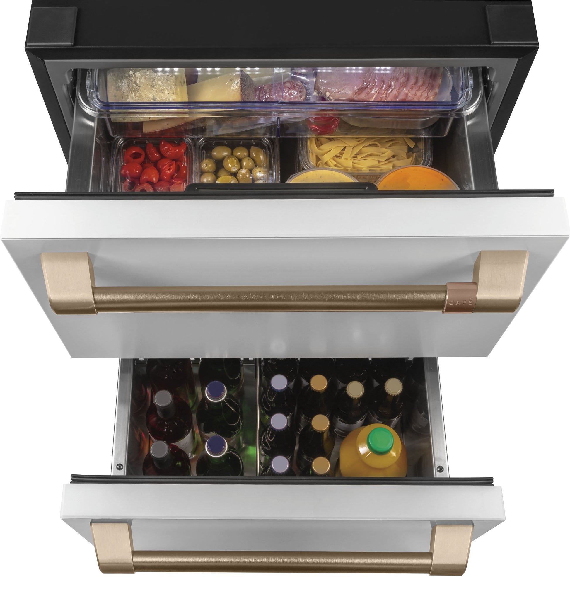 Built-in dual-drawer refrigerator with white front and bronze handles, showing organized food and beverage storage in kitchen appliances