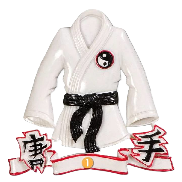 White karate jacket ornament with black belt and yin-yang symbol, festive decoration for Christmas tree display