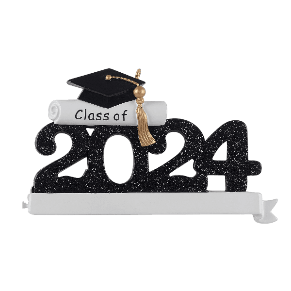 Black glitter "2024" ornament with graduation cap and diploma reading "Class of" from Christmas Ornaments & Tree Decorations collection