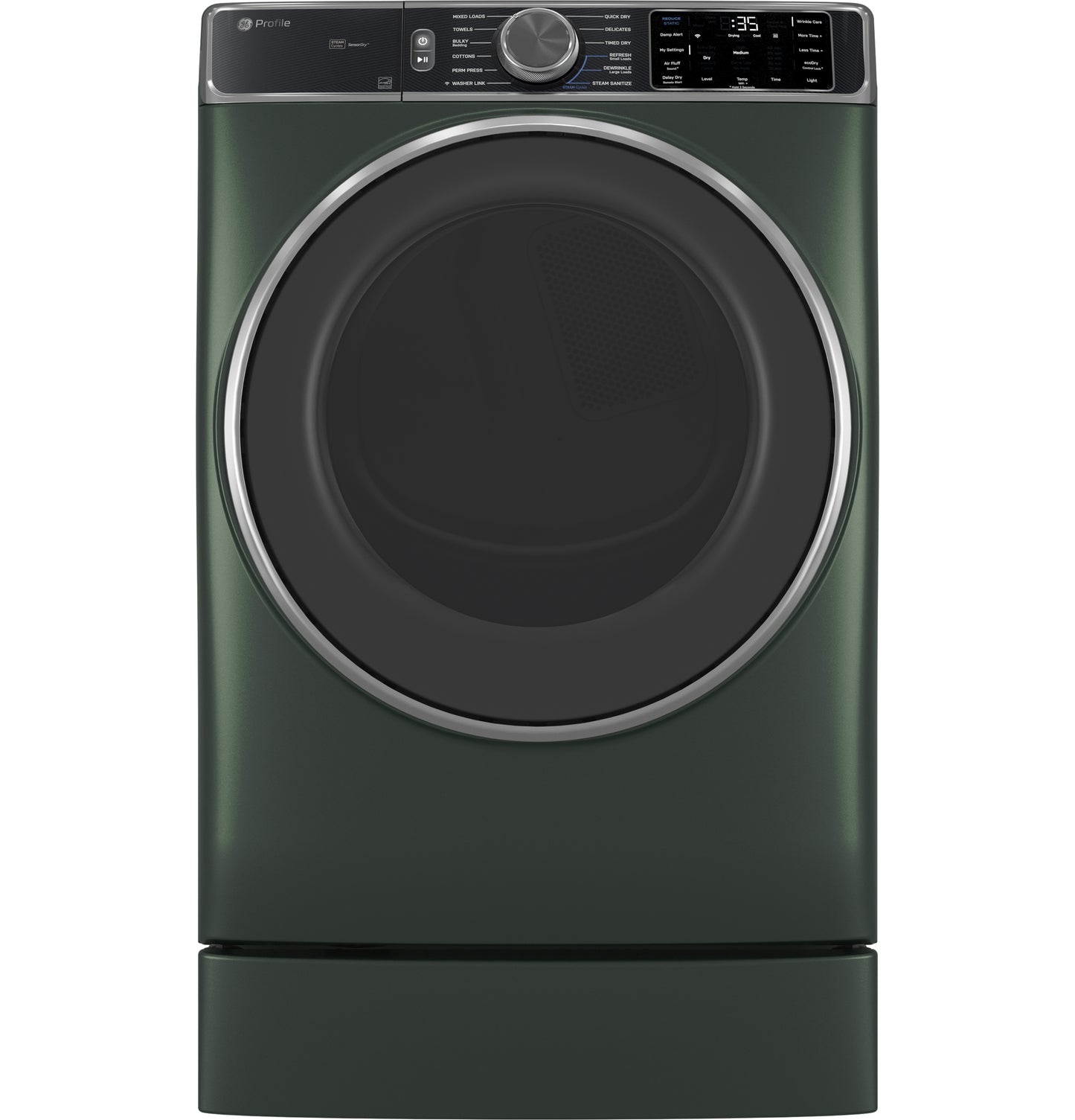 Dark green front-load washing machine elevated on a matching 7-inch riser from Appliance Parts & Accessories collection