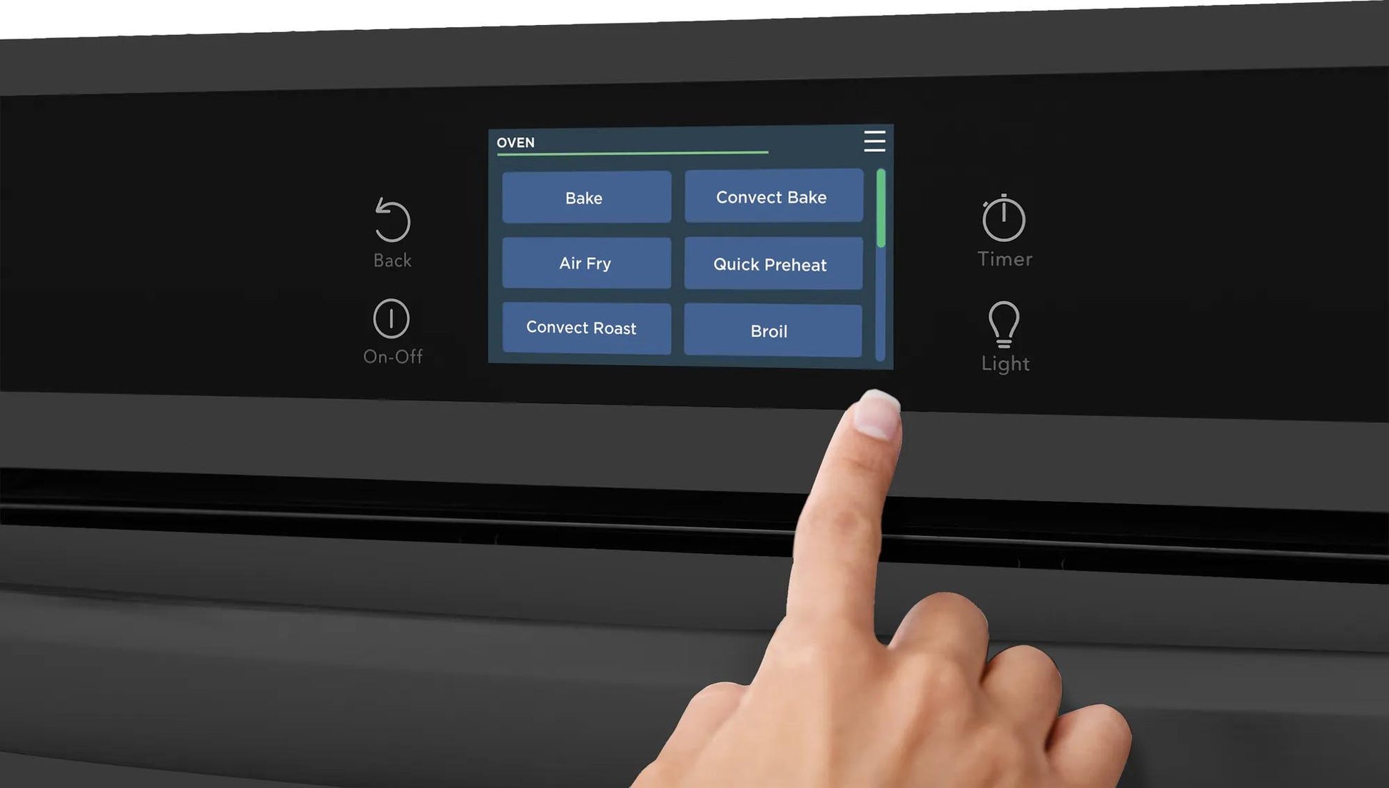 Hand interacting with touchscreen controls on a black electric wall oven in kitchen appliances collection