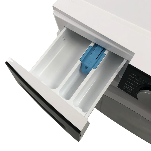 Open detergent drawer with separate compartments inside white front load washer from Washers & Dryers collection