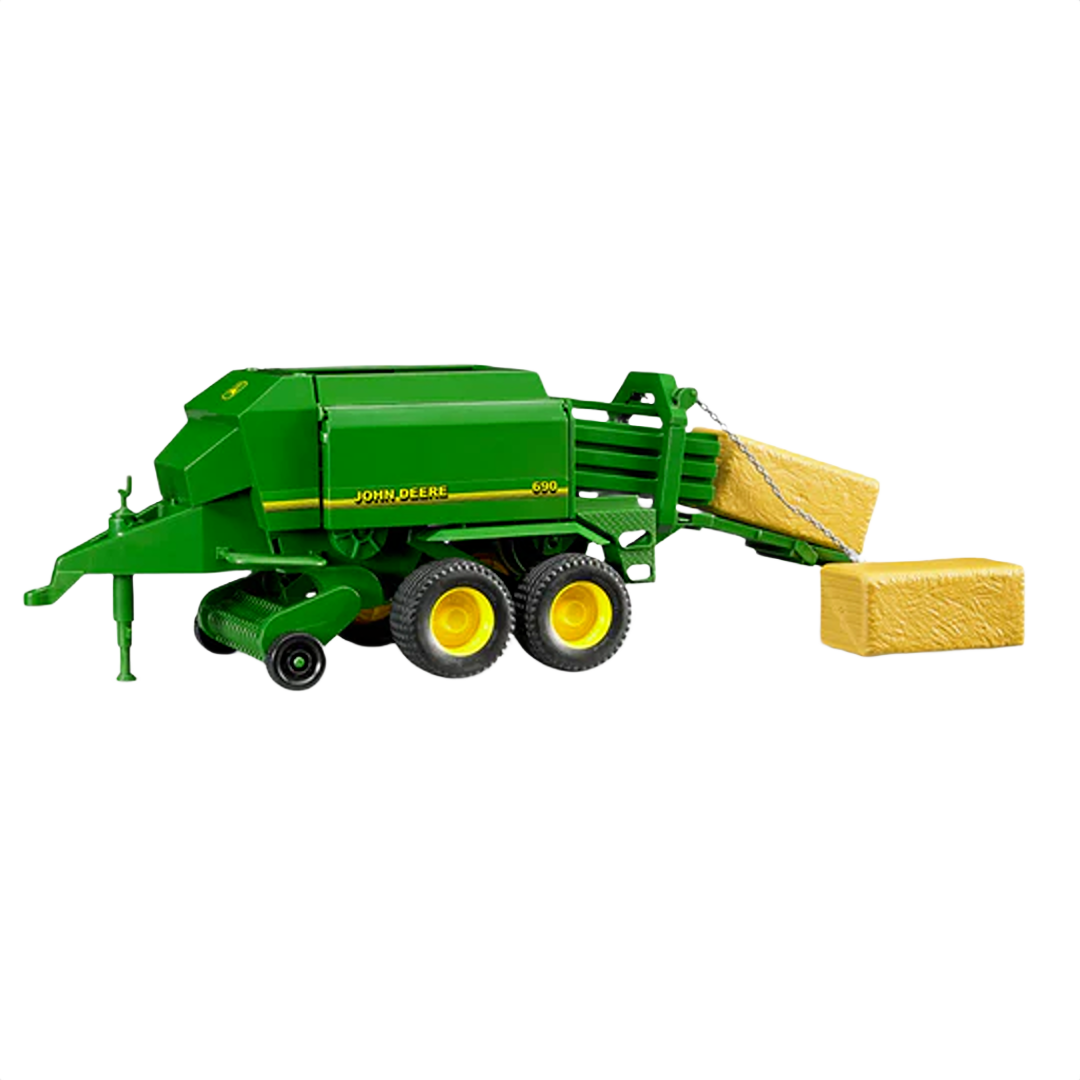 Green Bruder John Deere bale press toy with yellow wheels and realistic hay bale in Toys & Games collection