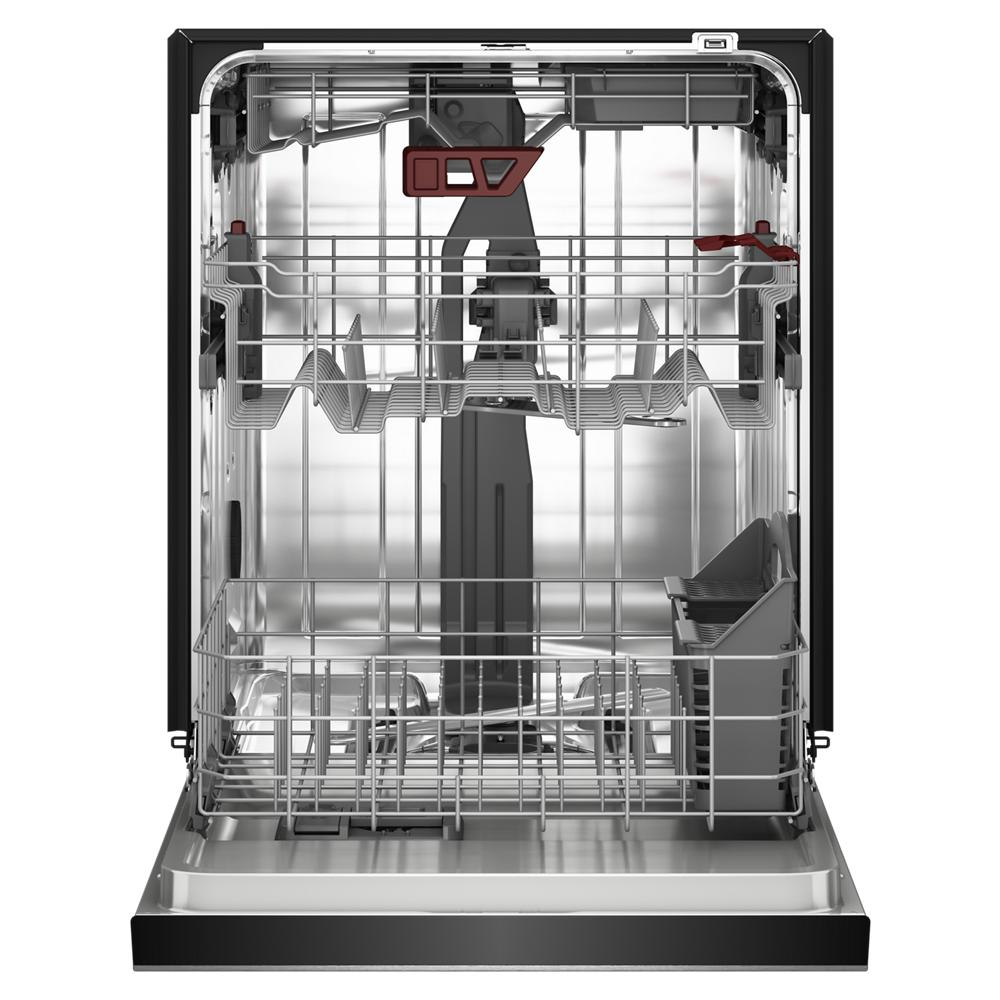Open KitchenAid dishwasher interior showing third level jet rack and versatile racks for dishes in stainless steel tub