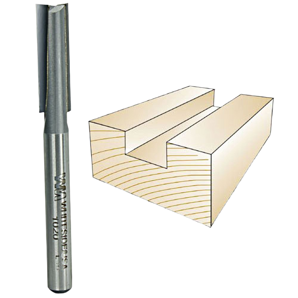 Straight router bit for woodworking, designed for making grooves, dados, and general material removal in wood projects.