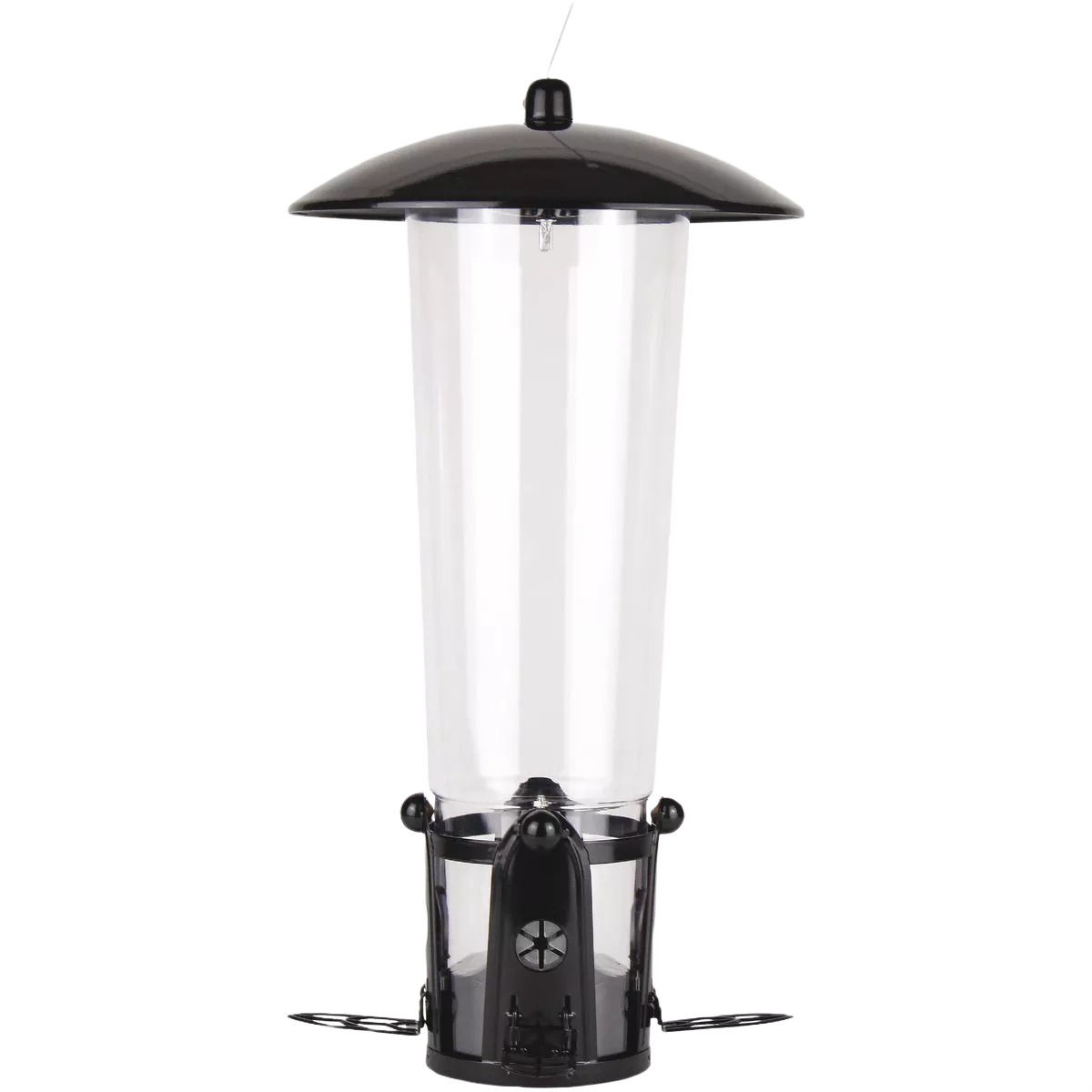 Clear plastic bird feeder with black top and base, designed to deter squirrels and hold up to 3 pounds of seed