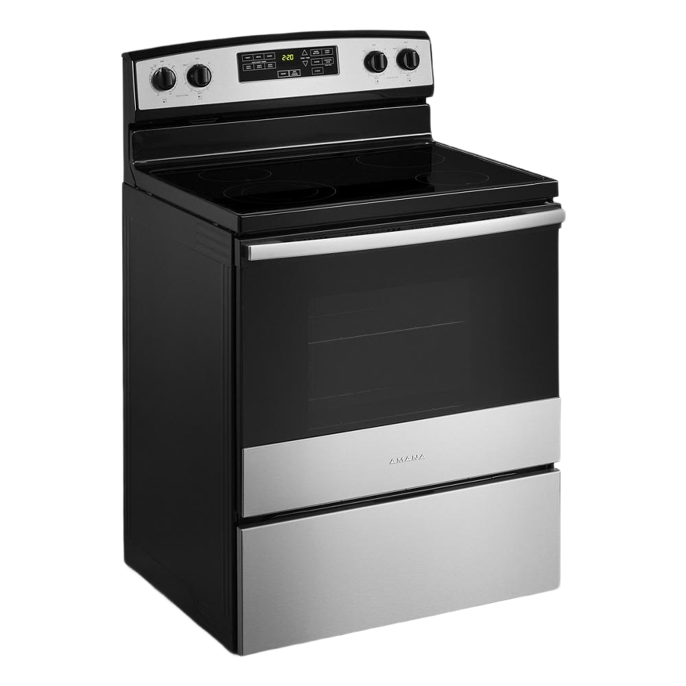30-inch stainless steel electric range with smooth cooktop, extra-large oven window, control knobs, and digital display from Ranges collection