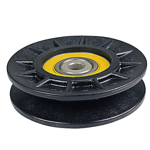 Black V-idler pulley with yellow bearing for tools and home improvement applications