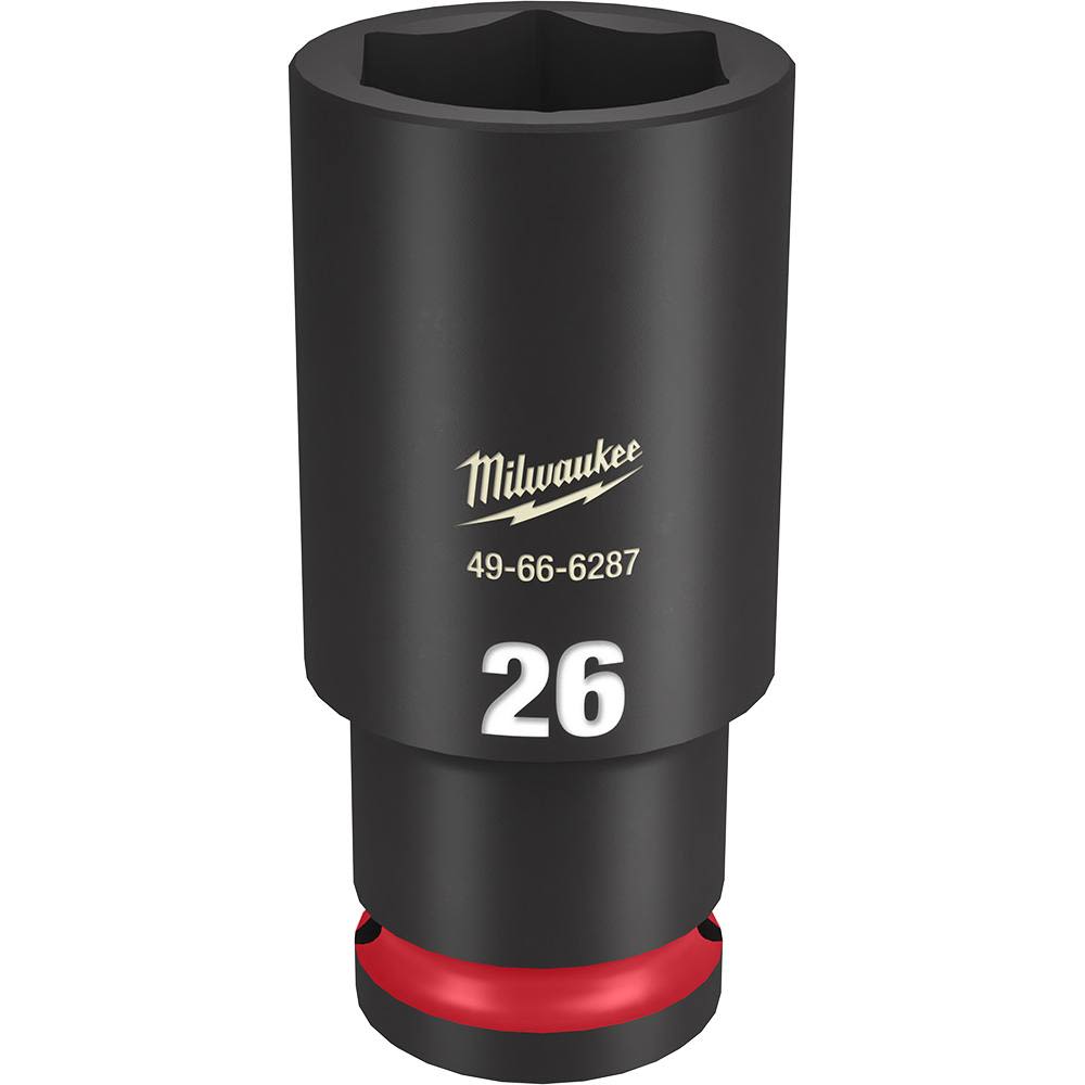 Heavy-duty 26mm deep 6-point impact socket with 1/2 inch drive and durable finish for tools and home improvement tasks