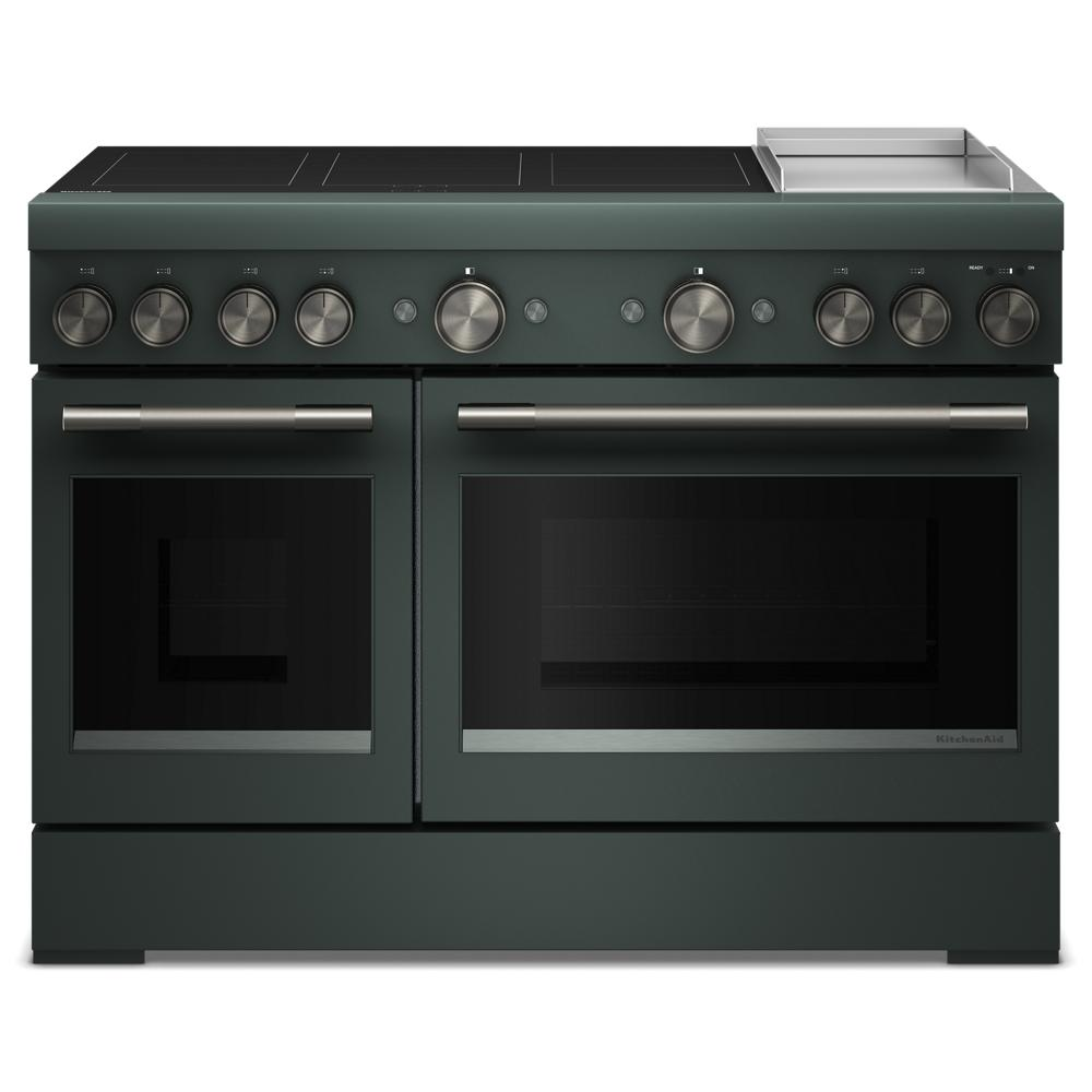 Front view of dark green induction range with six elements, griddle, and dual ovens in KitchenAid collection
