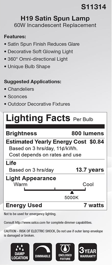Lighting facts label for a 7 watt satin spun LED bulb with 800 lumens, 5000K natural light, and dimmable features.