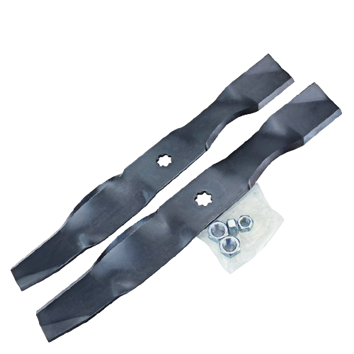 Two black steel mulching blades with mounting hardware for replacing lawn mower blades in home maintenance.
