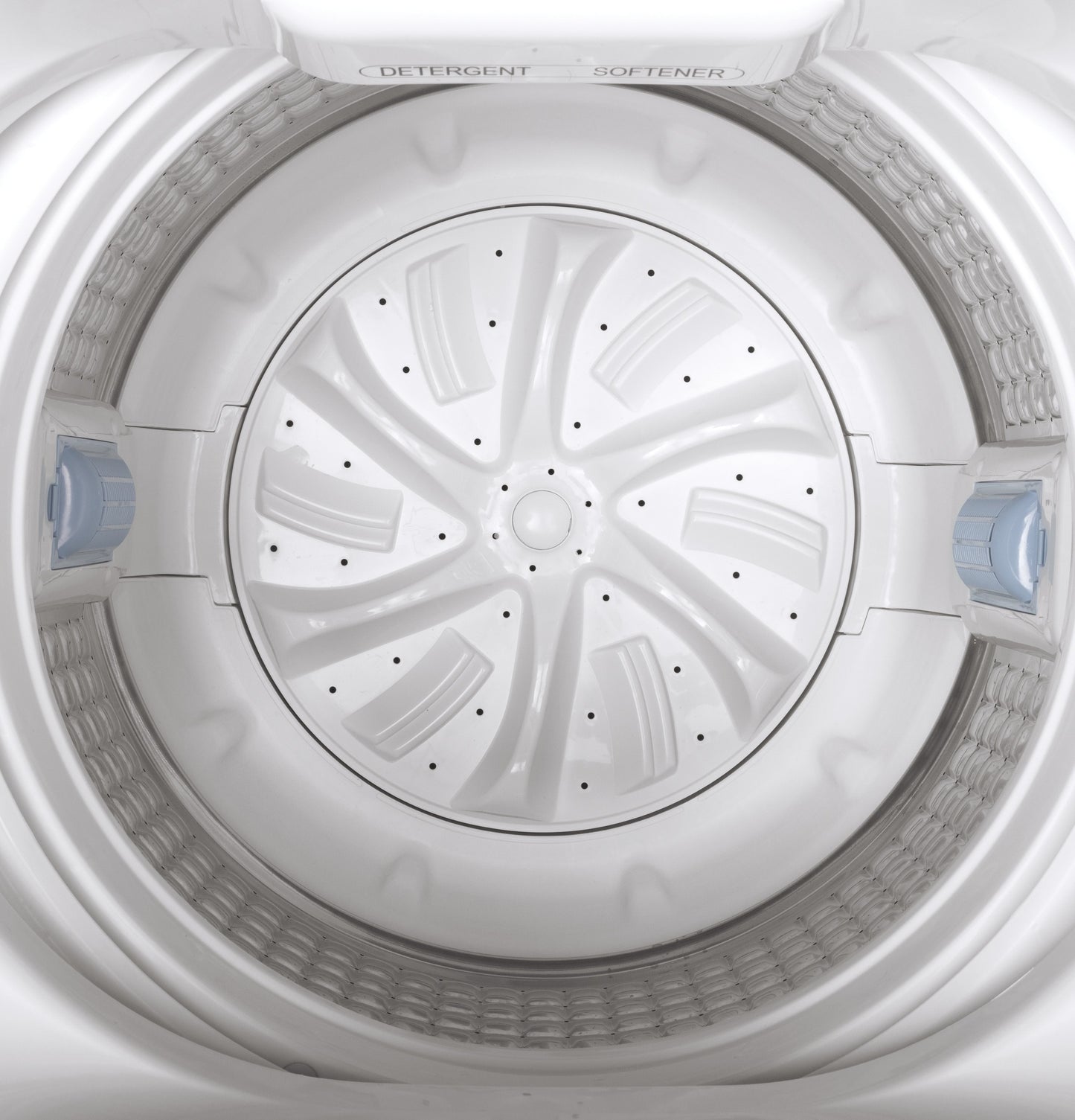Top load washer drum with detergent and softener compartments, part of washers and home appliances collection.