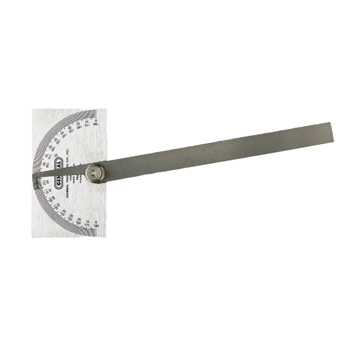 Metal protractor with square head and etched 180-degree scale, suitable for woodworking and measuring tools collections.