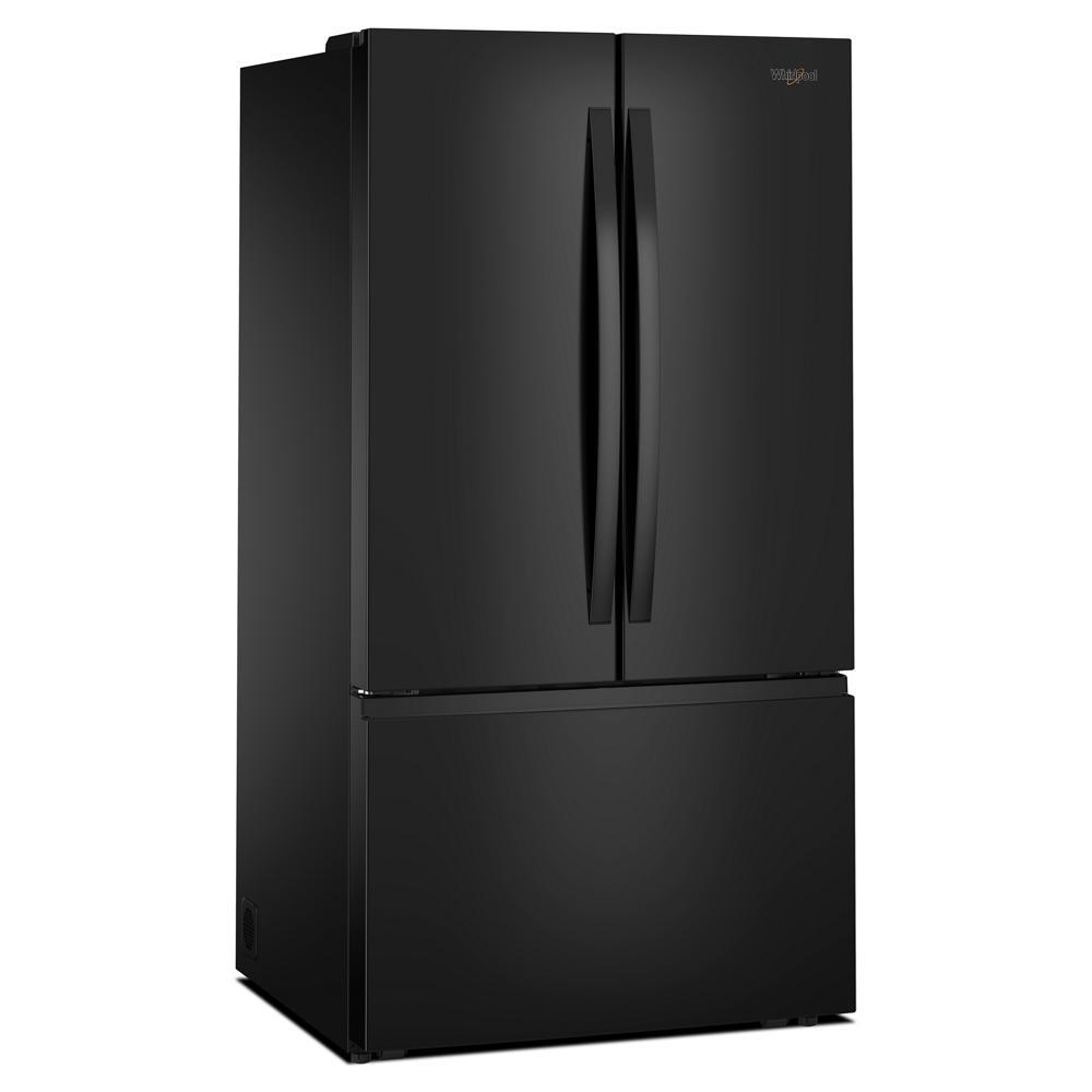 black stainless steel French door refrigerator with bottom freezer for kitchen appliances and home improvement