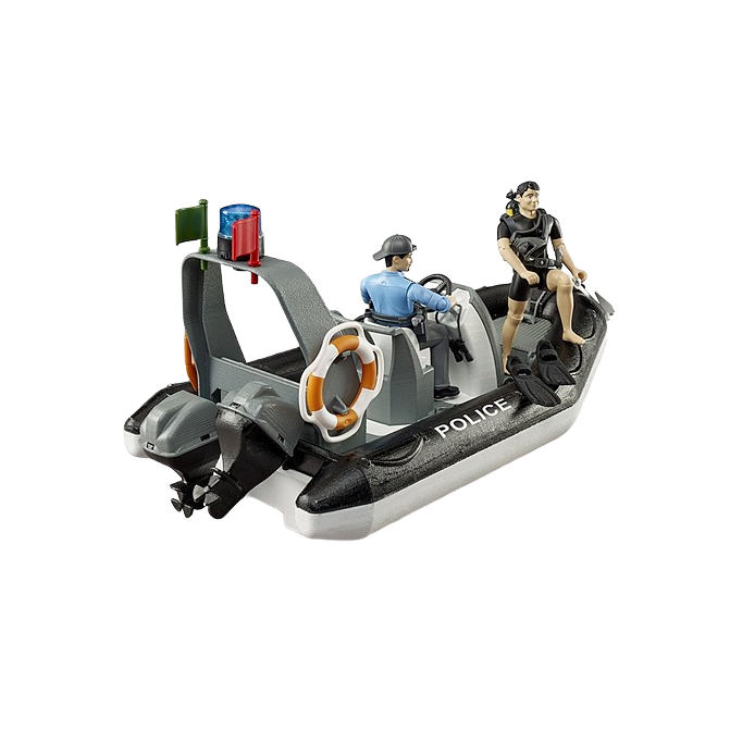 Detailed police rescue boat model with two officers, rotating beacon light, and life ring for display or play