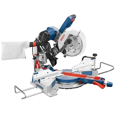 Blue and white dual-bevel glide miter saw with clear blade guard and adjustable fence in power tools collection