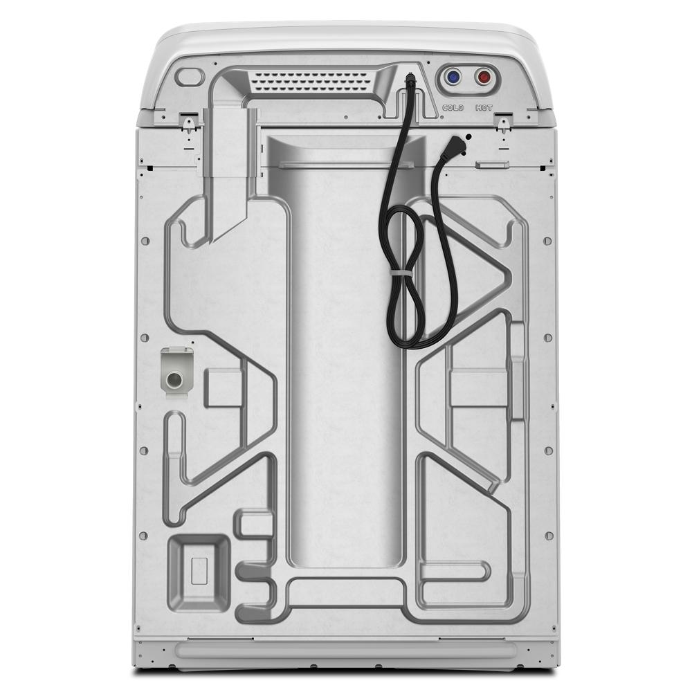 Rear view of silver Whirlpool top load washer with water inlet hoses and electrical power cord from Washers collection