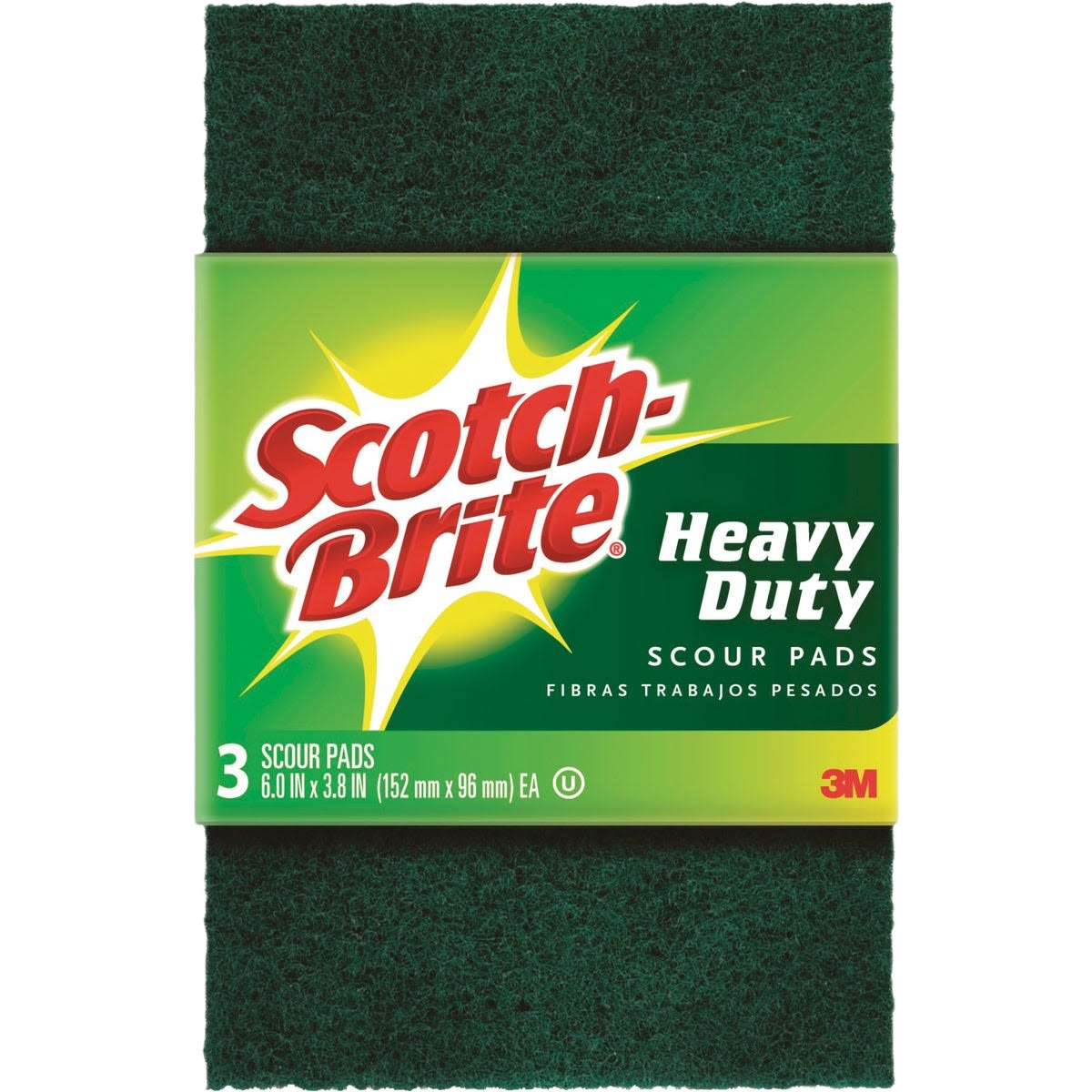 Set of three heavy-duty green scouring pads for tough cleaning tasks in cleaning tools and home improvement collections