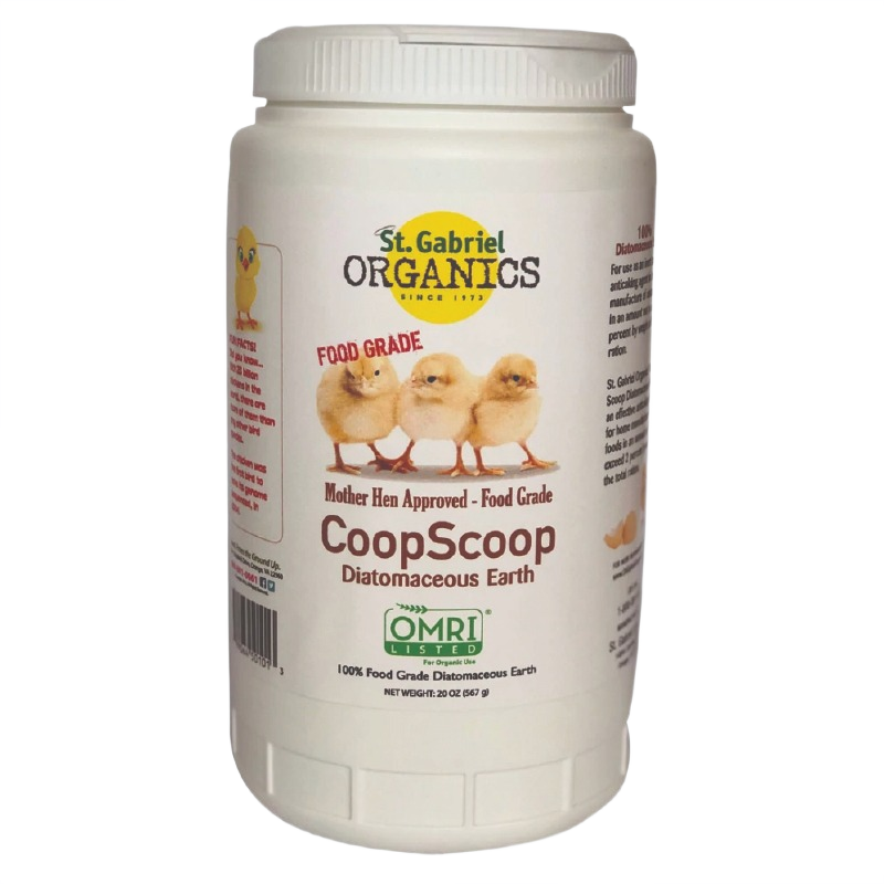 White plastic container of food grade diatomaceous earth with chick images and organic labeling