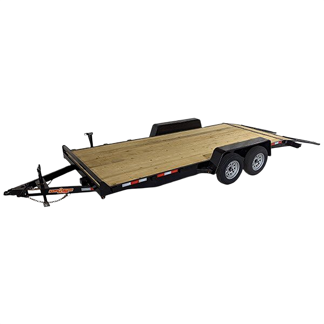Flatbed dual-axle gravity tilt carhauler trailer with wooden deck for hauling vehicles in home improvement tasks