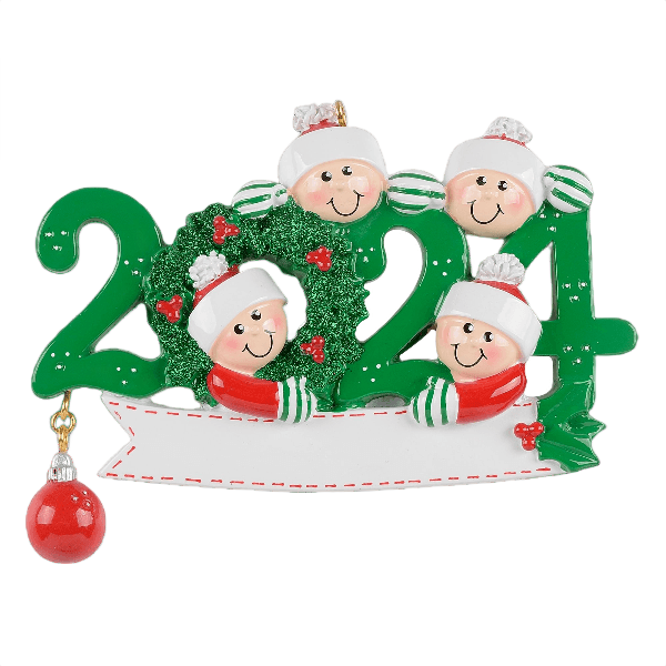 Green and red 2024 ornament with smiling faces inside wreath and blank banner, Christmas tree decoration under $50