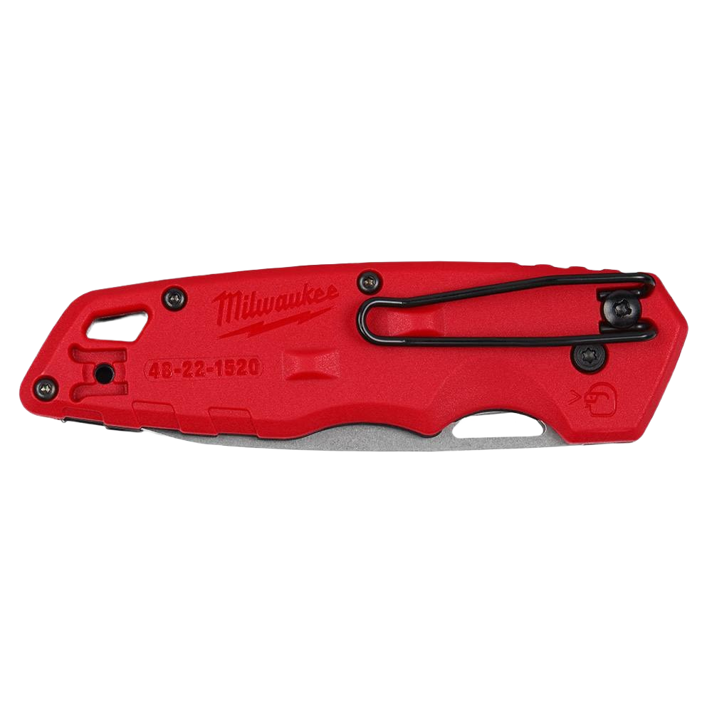 Compact red Milwaukee folding knife with stainless steel blade and secure pocket clip in woodworking hand tools collection