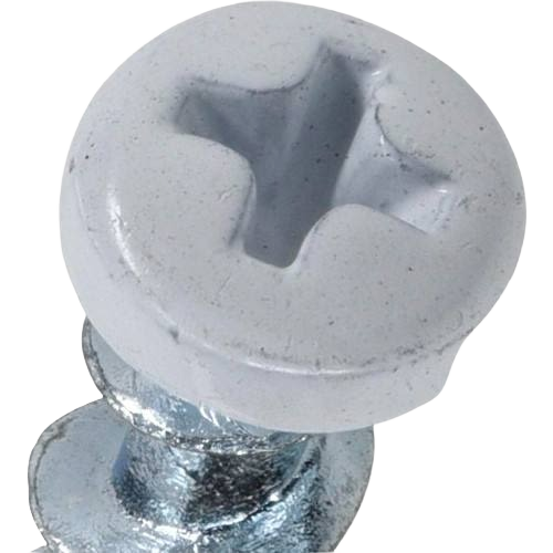 Close-up of white Phillips pan-head screw anchor with zinc-plated shaft for hardware and fasteners collections