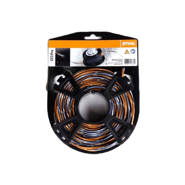 Coiled orange and black heavy-duty trimmer line in retail packaging for power tool accessories and home improvement