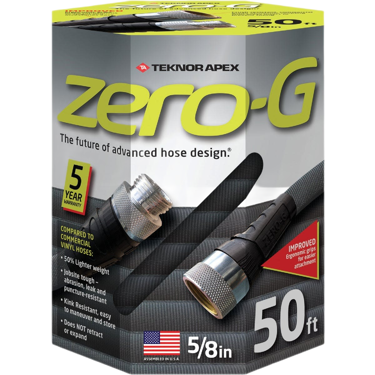 Packaging for a 50 ft advance garden hose with metal fittings, featuring lightweight and kink-resistant design