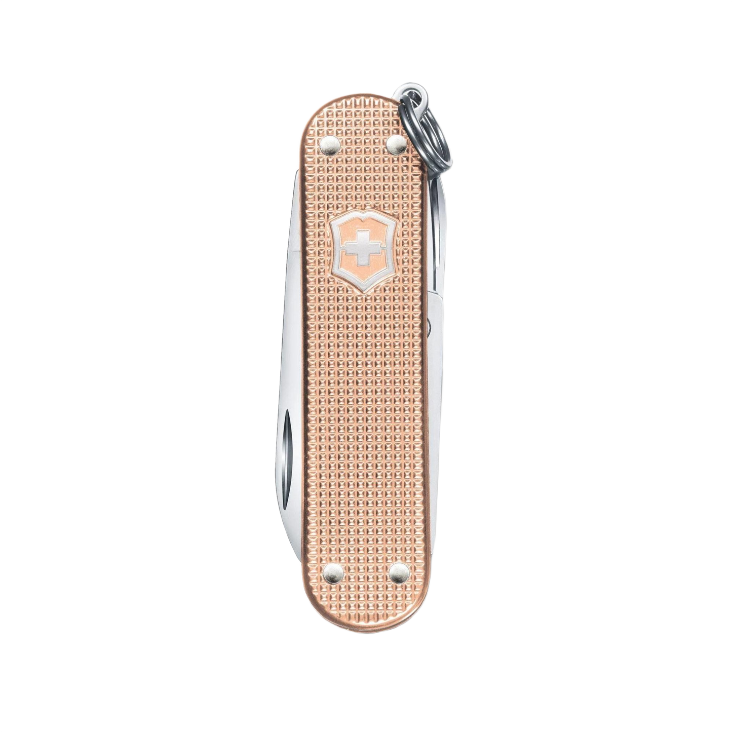 Slim pocket knife with textured fresh peach alox handle and polished stainless steel tools for everyday use and home improvement